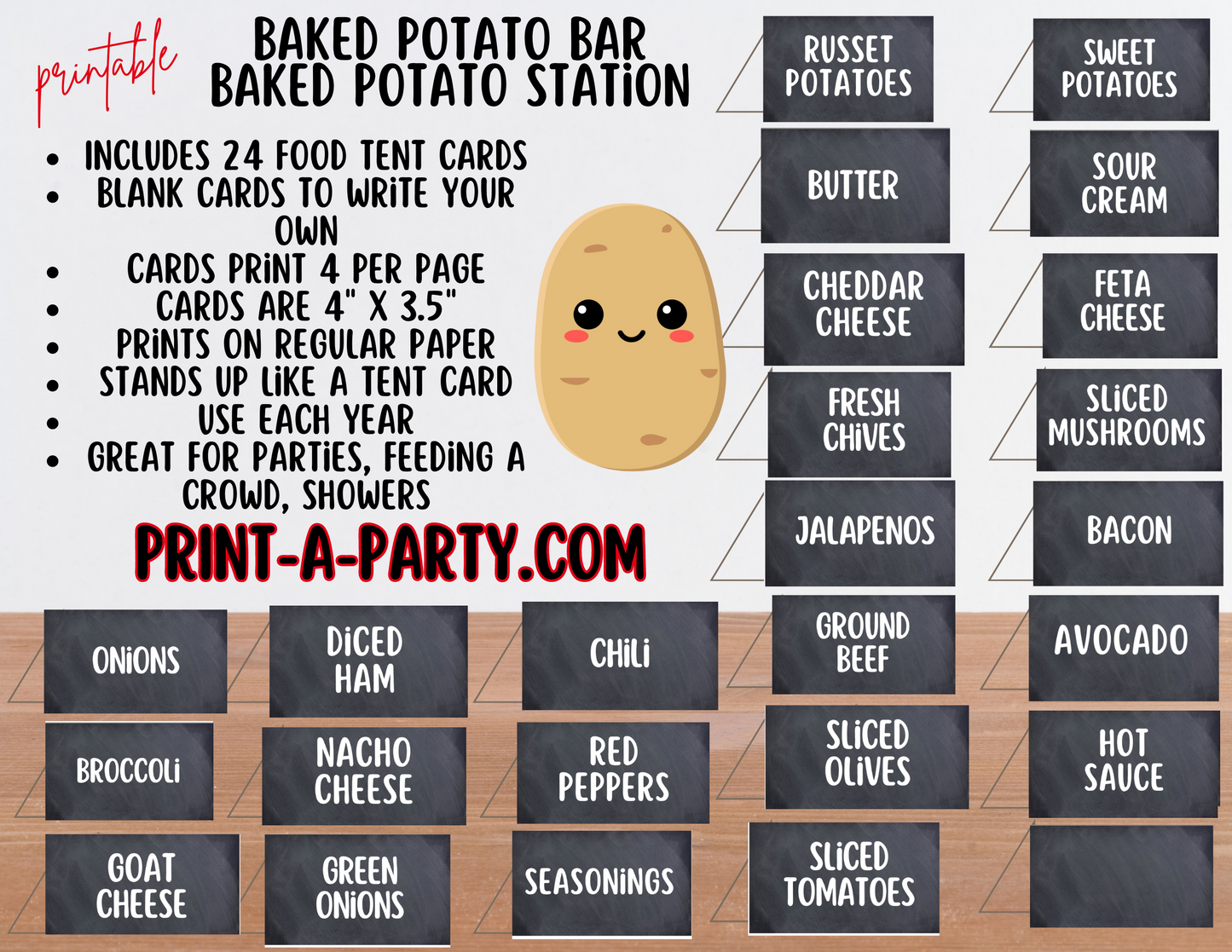 BAKED POTATO BAR Station Chalkboard Printable Sign & Food Labels - Perfect for Birthdays, Buffets, Showers, Parties, or Holidays