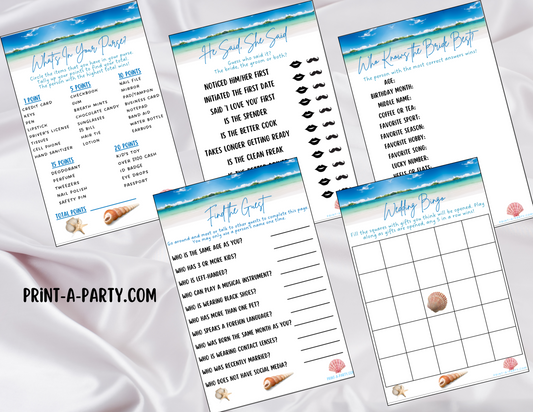 Bridal Shower: Printable BEACH Destination Themed Bridal Shower Game Bundle - Instant PDF Download