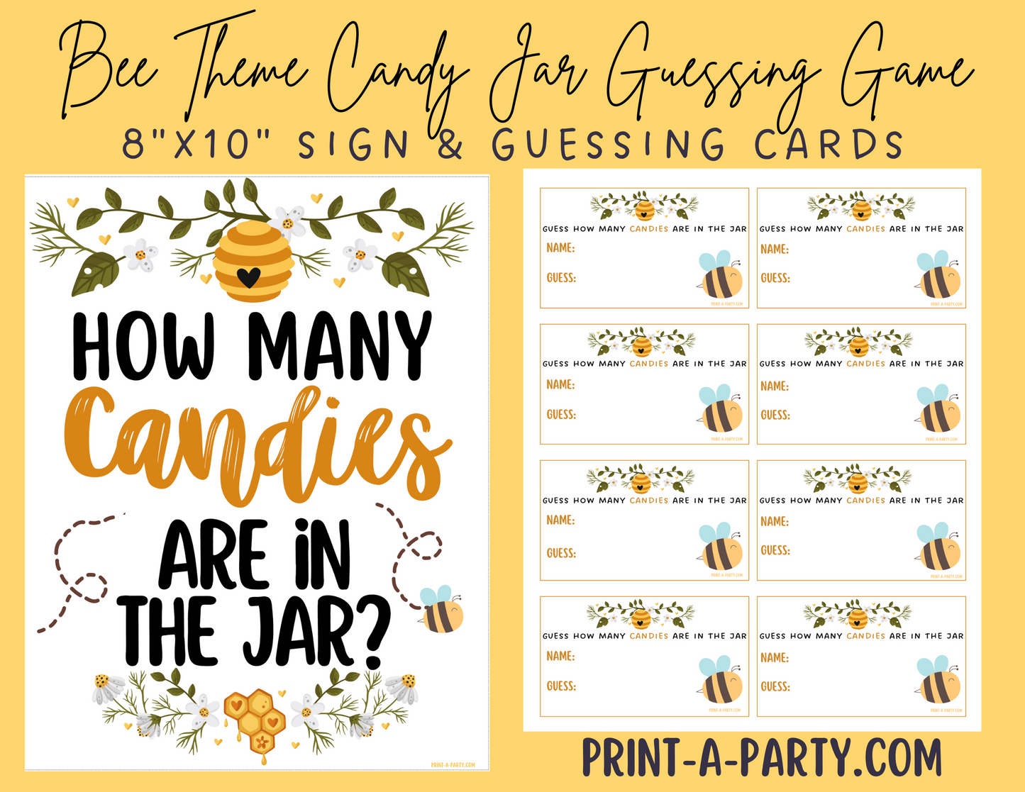 CANDY JAR GUESSING GAME - Bee Baby Shower Candy Guessing Game – Printable Sign & Cards for Baby Showers, Gender Reveals, Adoption Parties