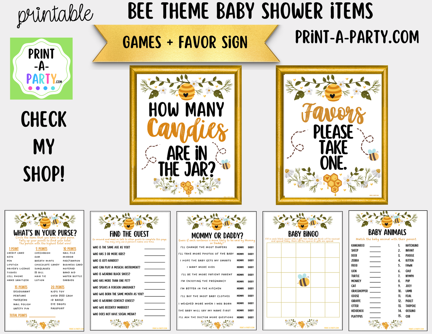 Bee-themed Candy Jar Guessing Game Printable Sign (8x10) + Guessing Cards - Baby Event