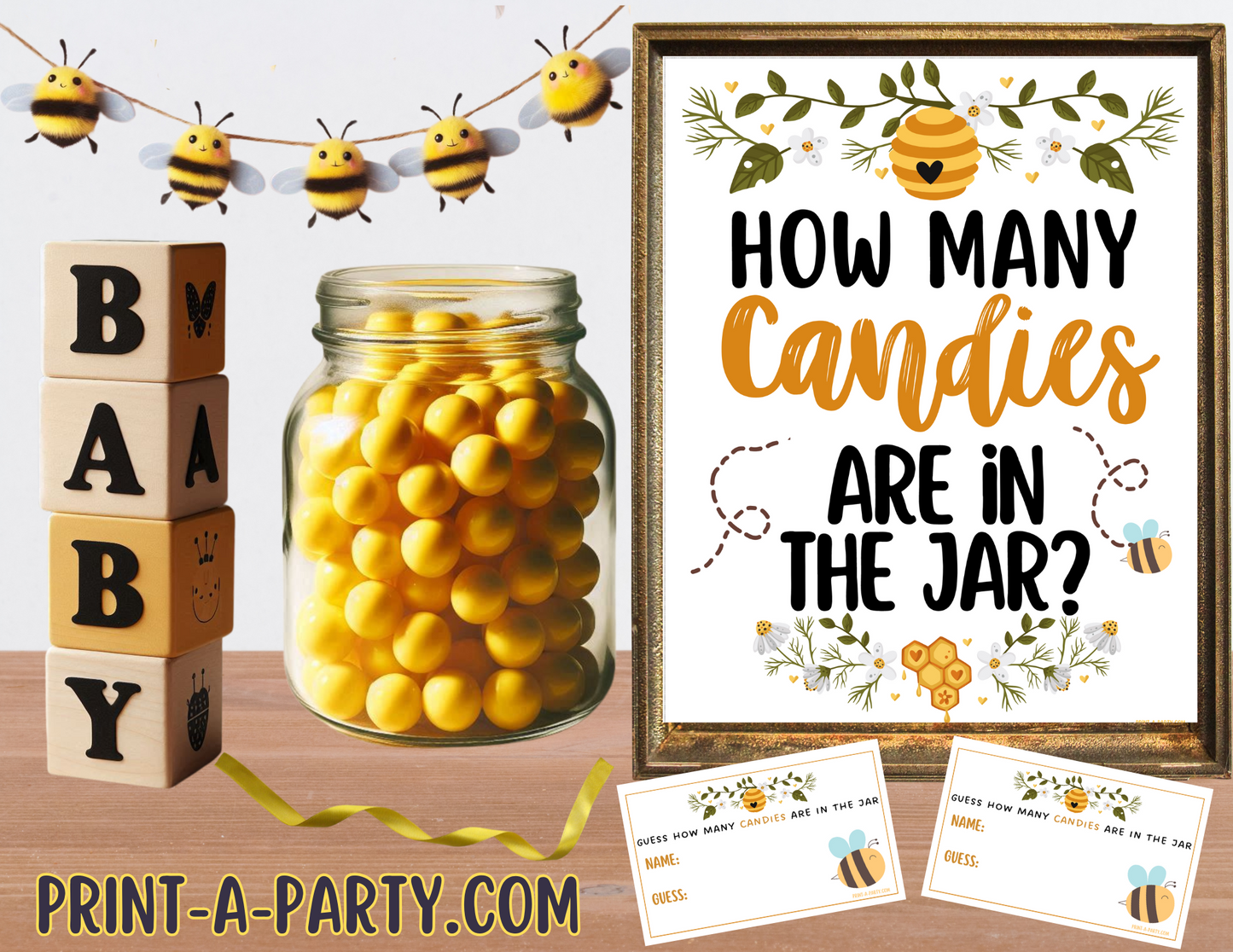 CANDY JAR GUESSING GAME - Bee Baby Shower Candy Guessing Game – Printable Sign & Cards for Baby Showers, Gender Reveals, Adoption Parties