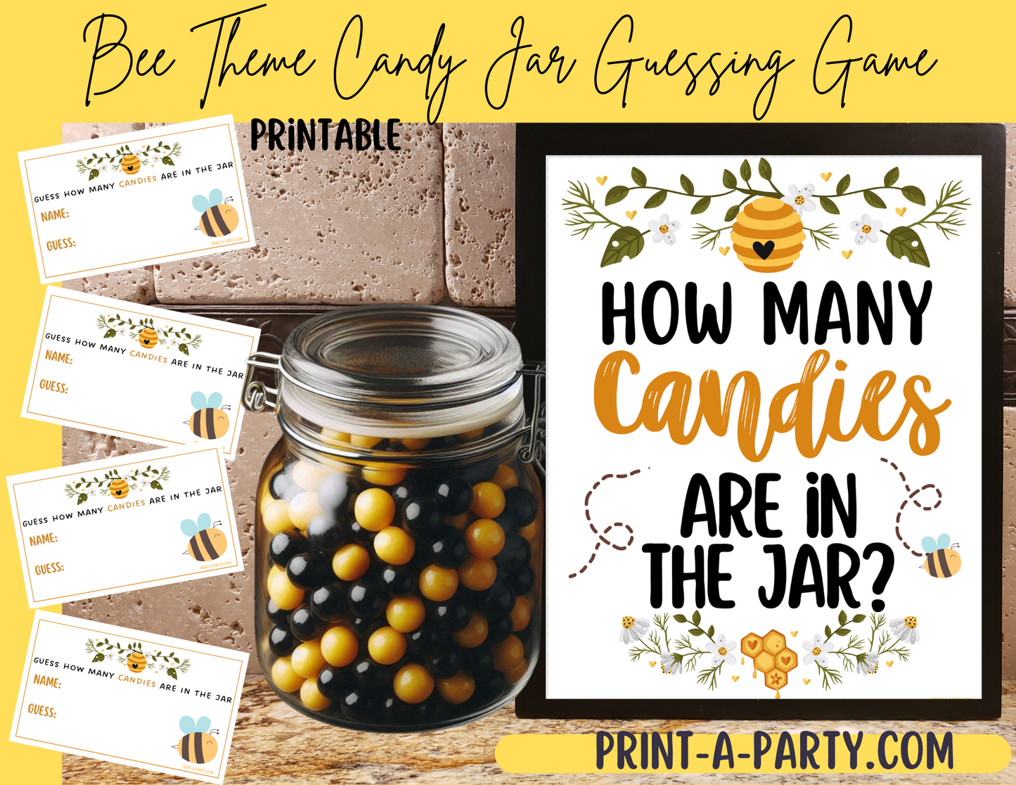 CANDY JAR GUESSING GAME - Bee Baby Shower Candy Guessing Game – Printable Sign & Cards for Baby Showers, Gender Reveals, Adoption Parties