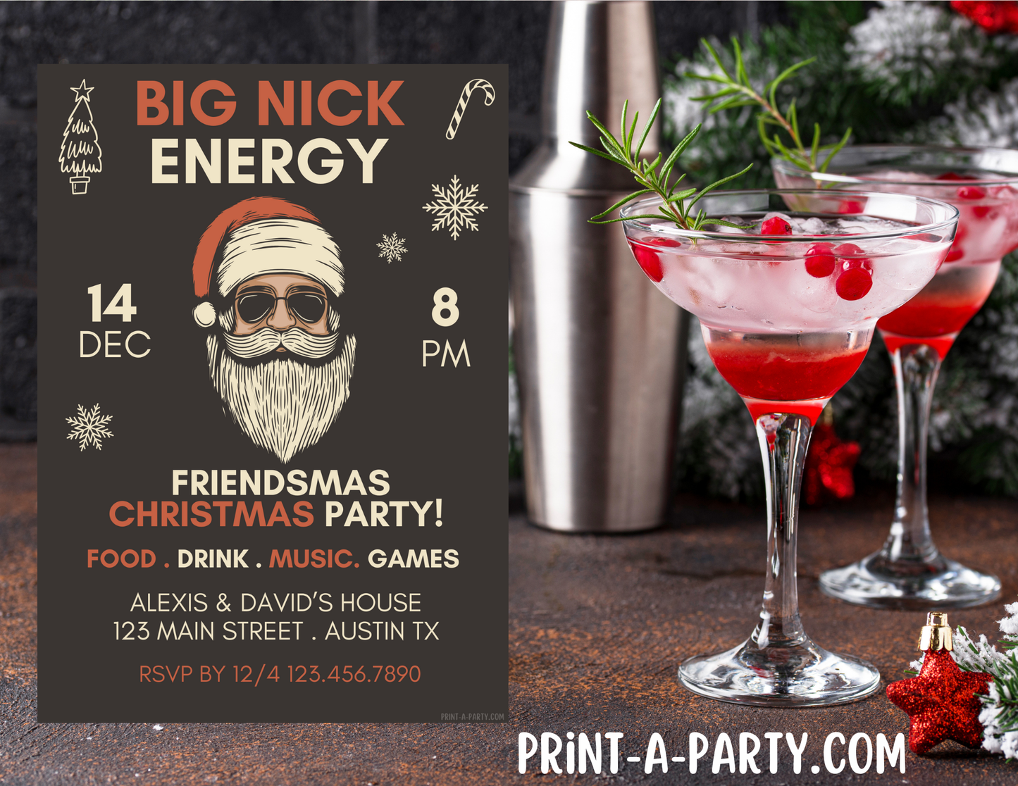CHRISTMAS EDITABLE INVITATION: BIG NICK ENERGY FRIENDSMAS Christmas Holiday Party Invite | Christmas Party Customization