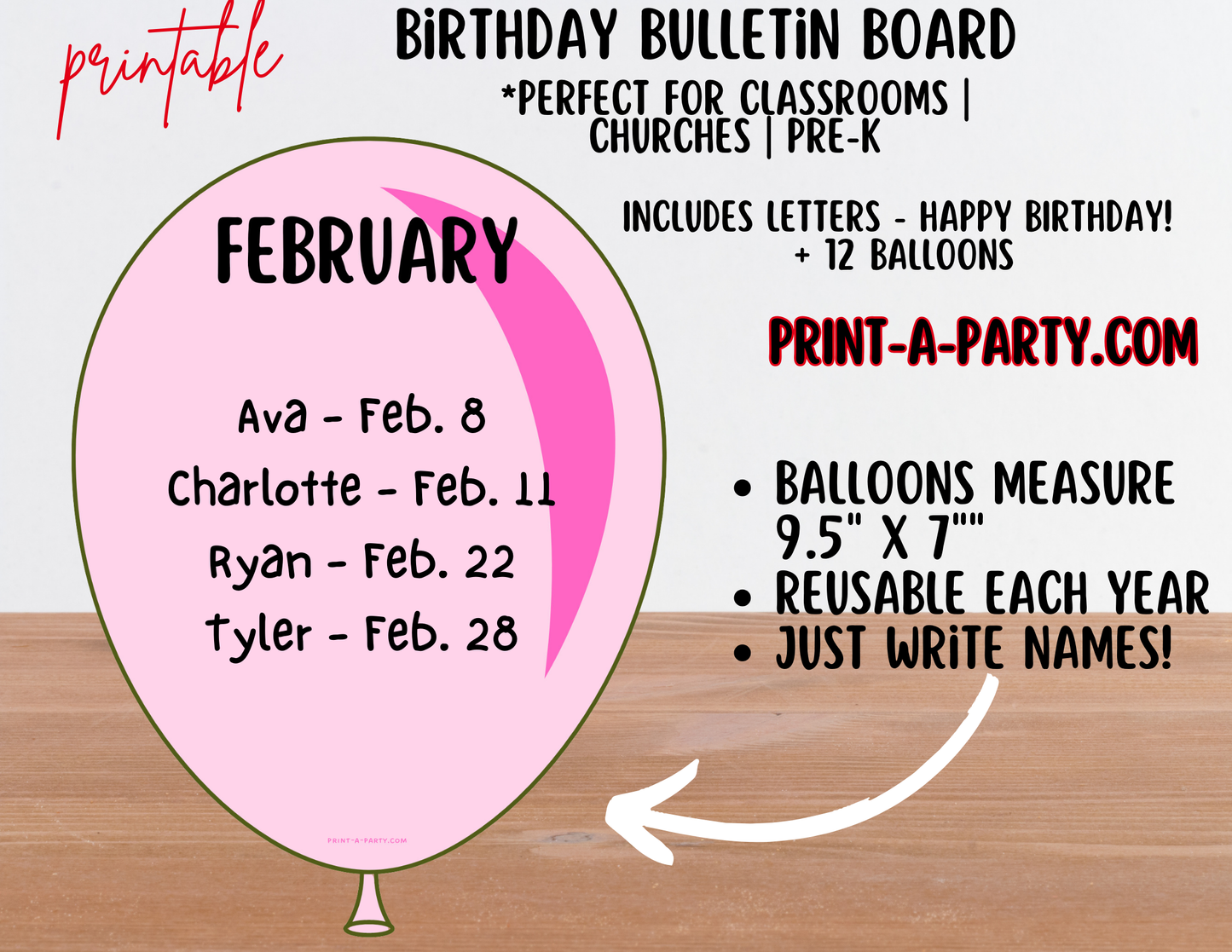 Birthday Bulletin Board Printable Display - Monthly Balloon Theme for Classroom Decor