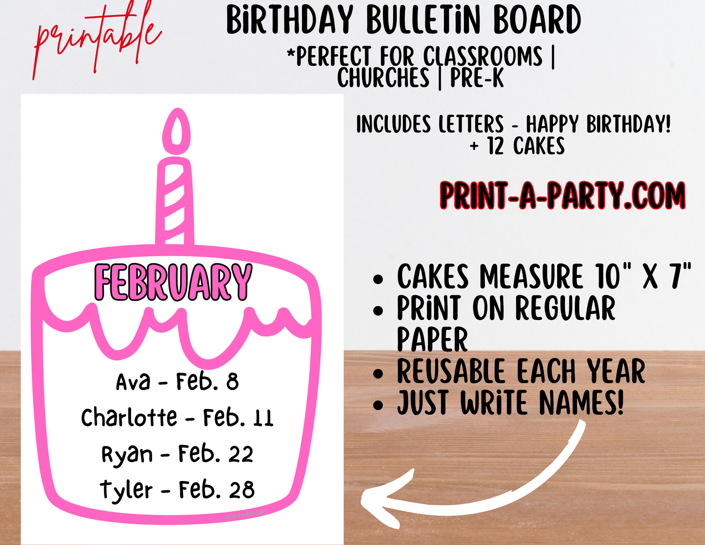 Birthday Bulletin Board Printable Display - Monthly Birthday Cakes Theme for Classroom Decor