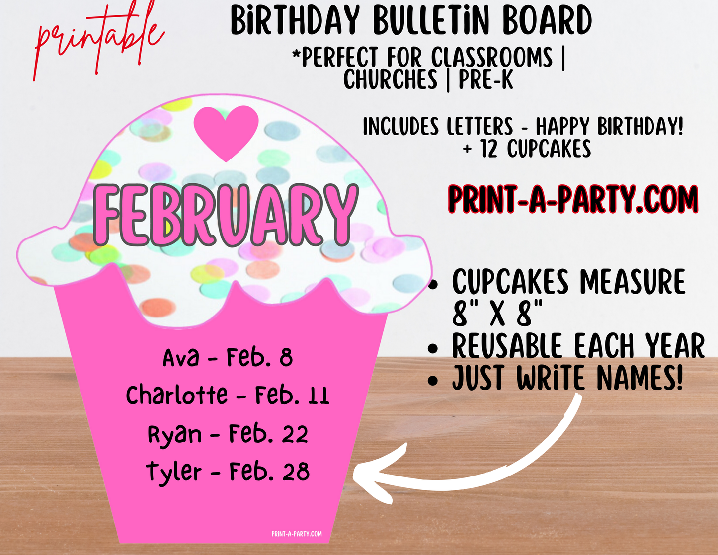 Birthday Bulletin Board Printable Display - Monthly Polka Dot Cupcake Theme for Classroom Decor
