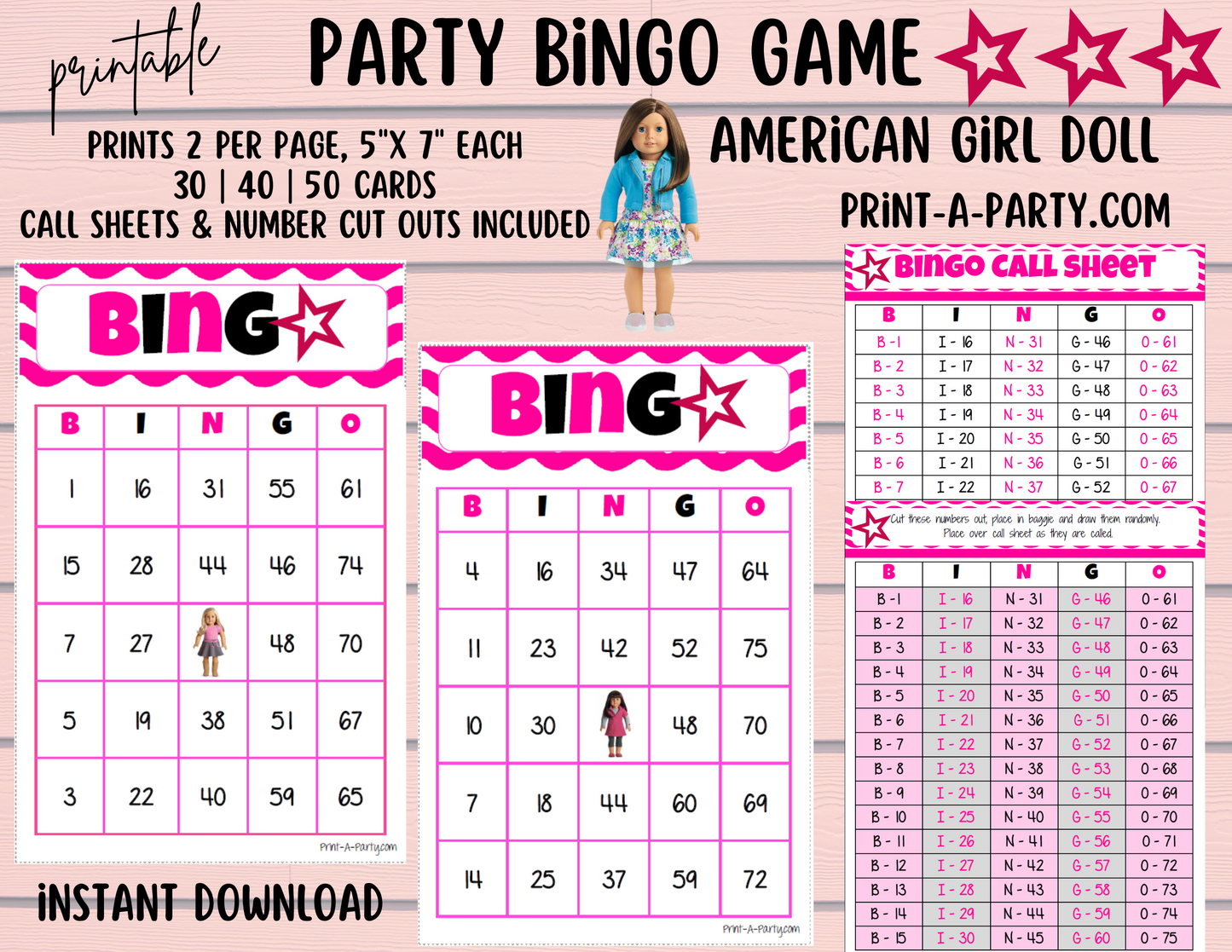 BINGO: American Girl Doll Bingo | American Girl Doll Parties | Birthday | 30, 40, or 50 cards - INSTANT DOWNLOAD