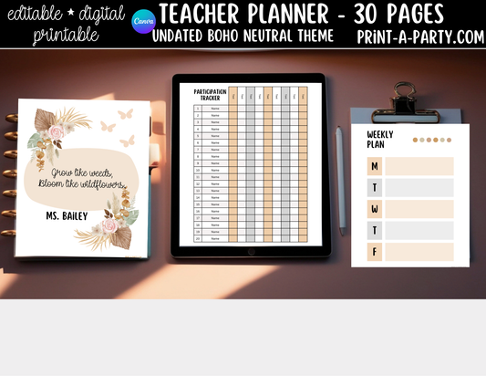 PLANNER: Editable Boho Neutral Teacher Planner | 30-Page Undated Canva Template w/ Covers