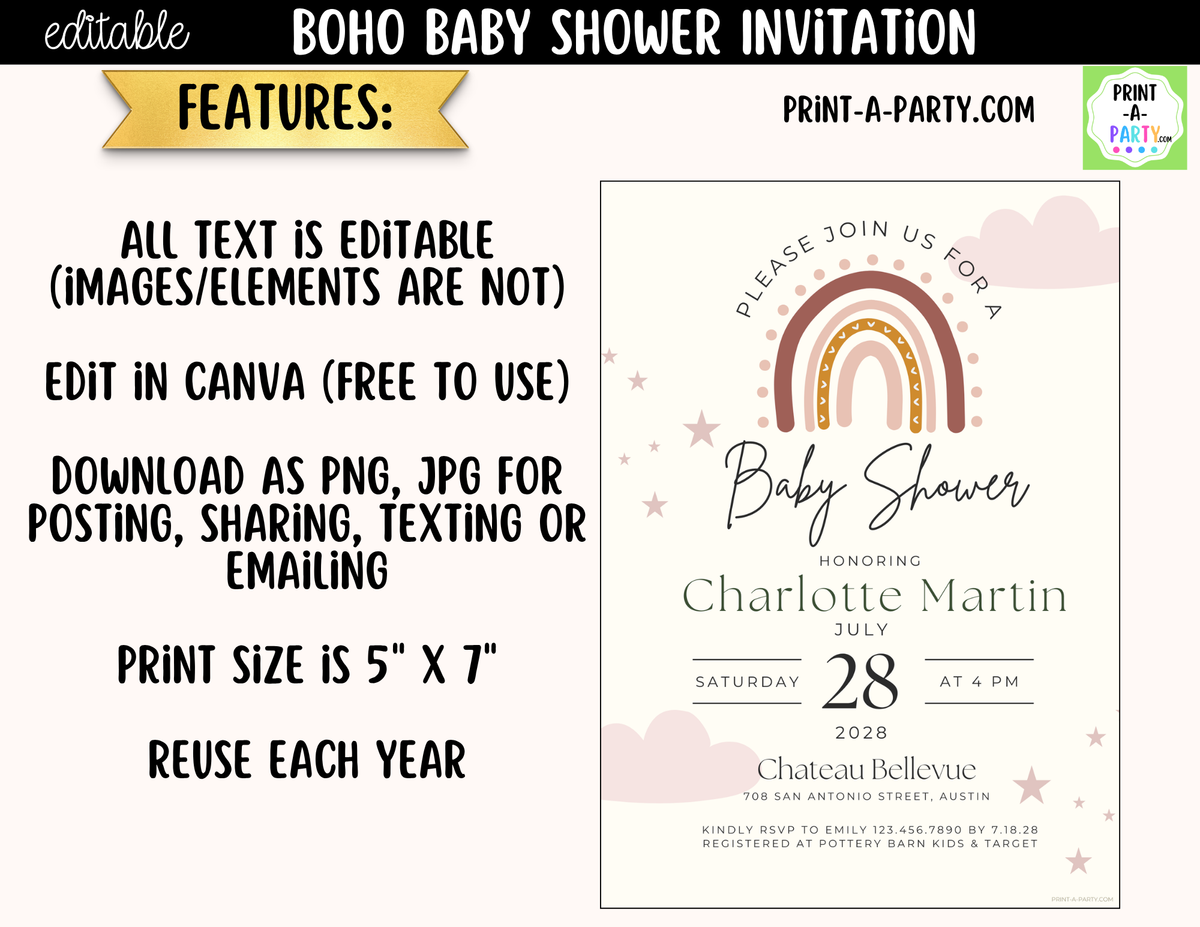 Boho Baby Shower Invitation Editable Template