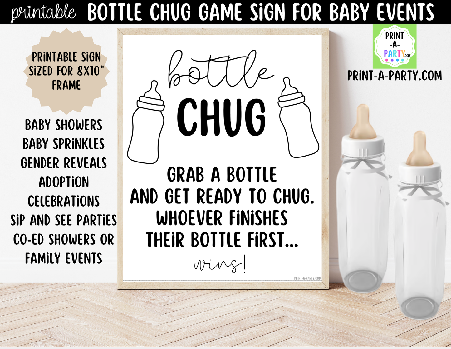 Baby Bottle Chug Game Printable Sign (8x10) – For Baby Showers and Events
