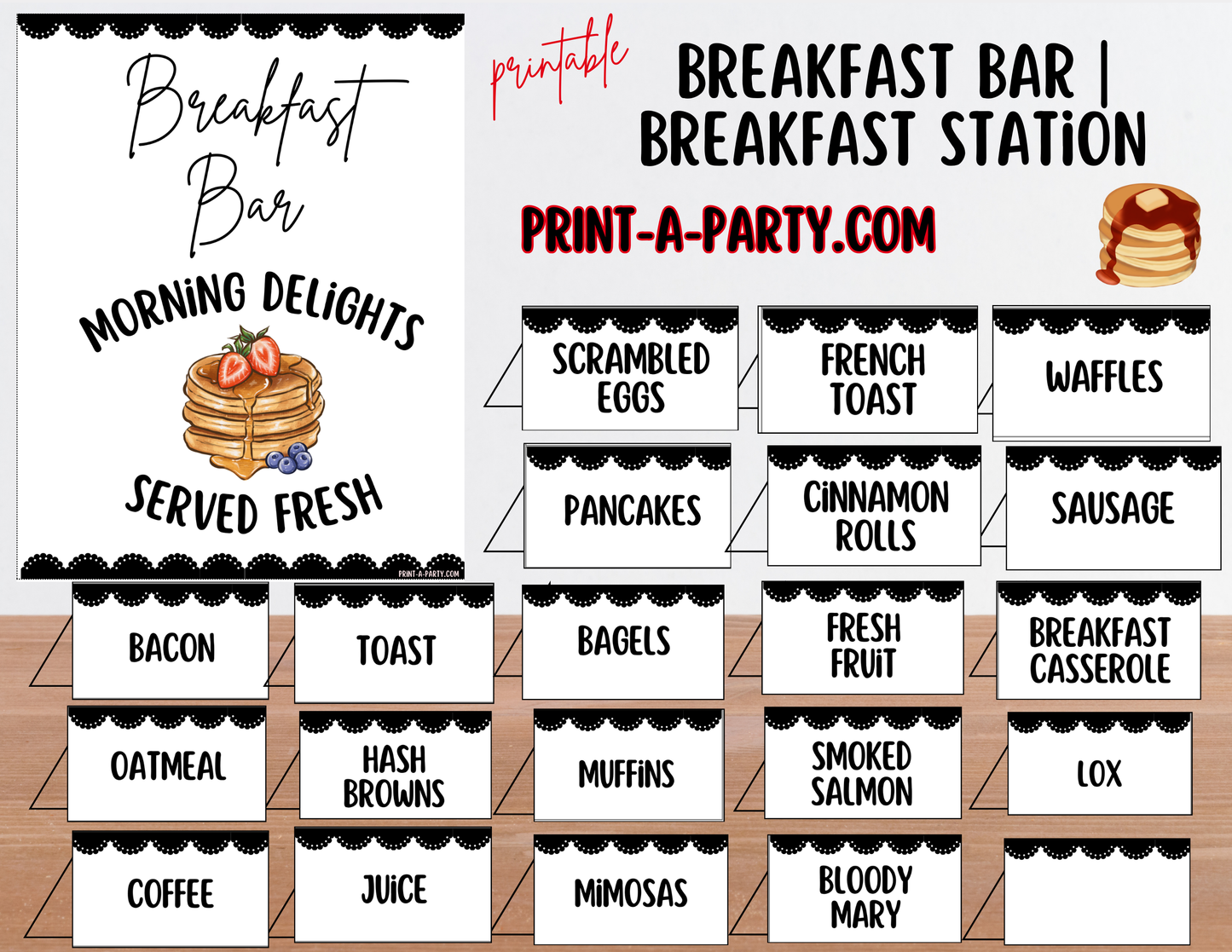 BREAKFAST BRUNCH BAR | Printable Breakfast Bar Sign & Food Labels - perfect for Brunches, Baby Shower, Bridal Brunches and Slumber Parties