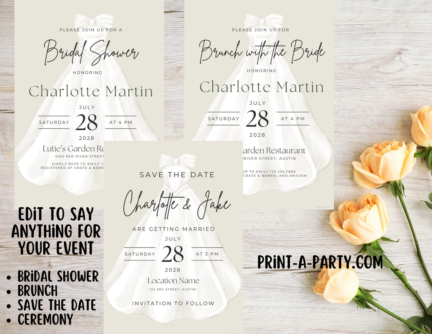 Editable Wedding Invitation Template - BRIDAL GOWN - Canva printable for Bridal Showers, Save-the-Dates, Engagement parties and more