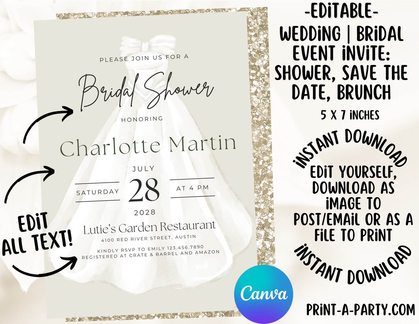 Editable Wedding Invitation Template - BRIDAL GOWN - Canva printable for Bridal Showers, Save-the-Dates, Engagement parties and more