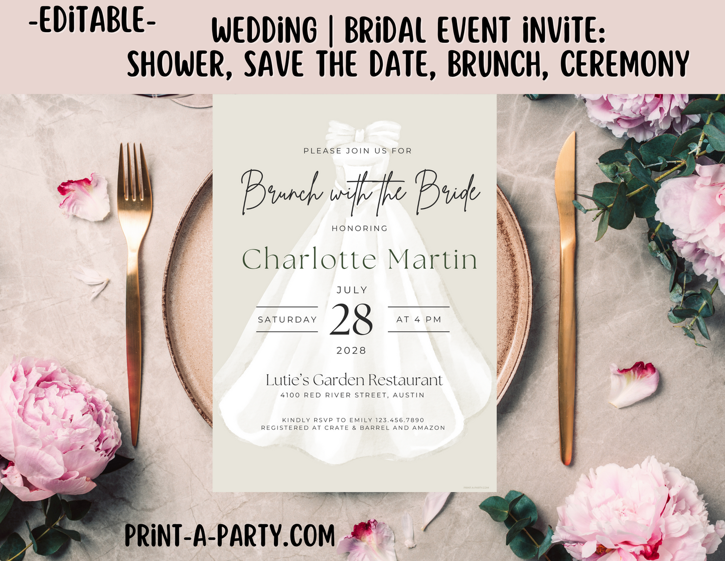 Editable Wedding Invitation Template - BRIDAL GOWN - Canva printable for Bridal Showers, Save-the-Dates, Engagement parties and more