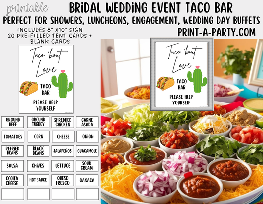 Wedding Event Taco Bar - Taco ’Bout Love Printable Sign | Bridal Shower Taco Bar Sign | Wedding Food Bar Decor | Instant Download