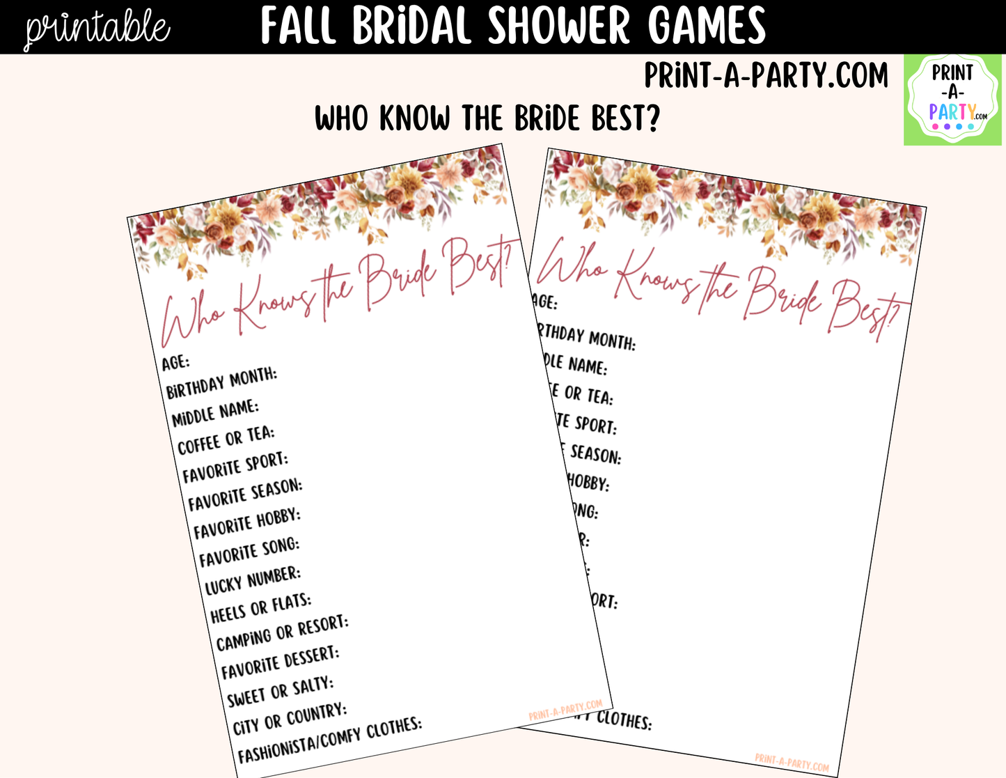 Fall Bridal Shower Games Printable | Autumn Wedding Shower Game Bundle