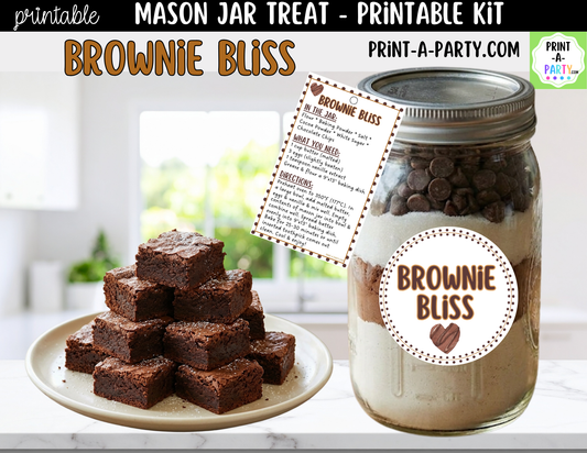 Brownies in a Mason Jar Gift Printable Kit - Labels, Tags, Recipe & Instructions