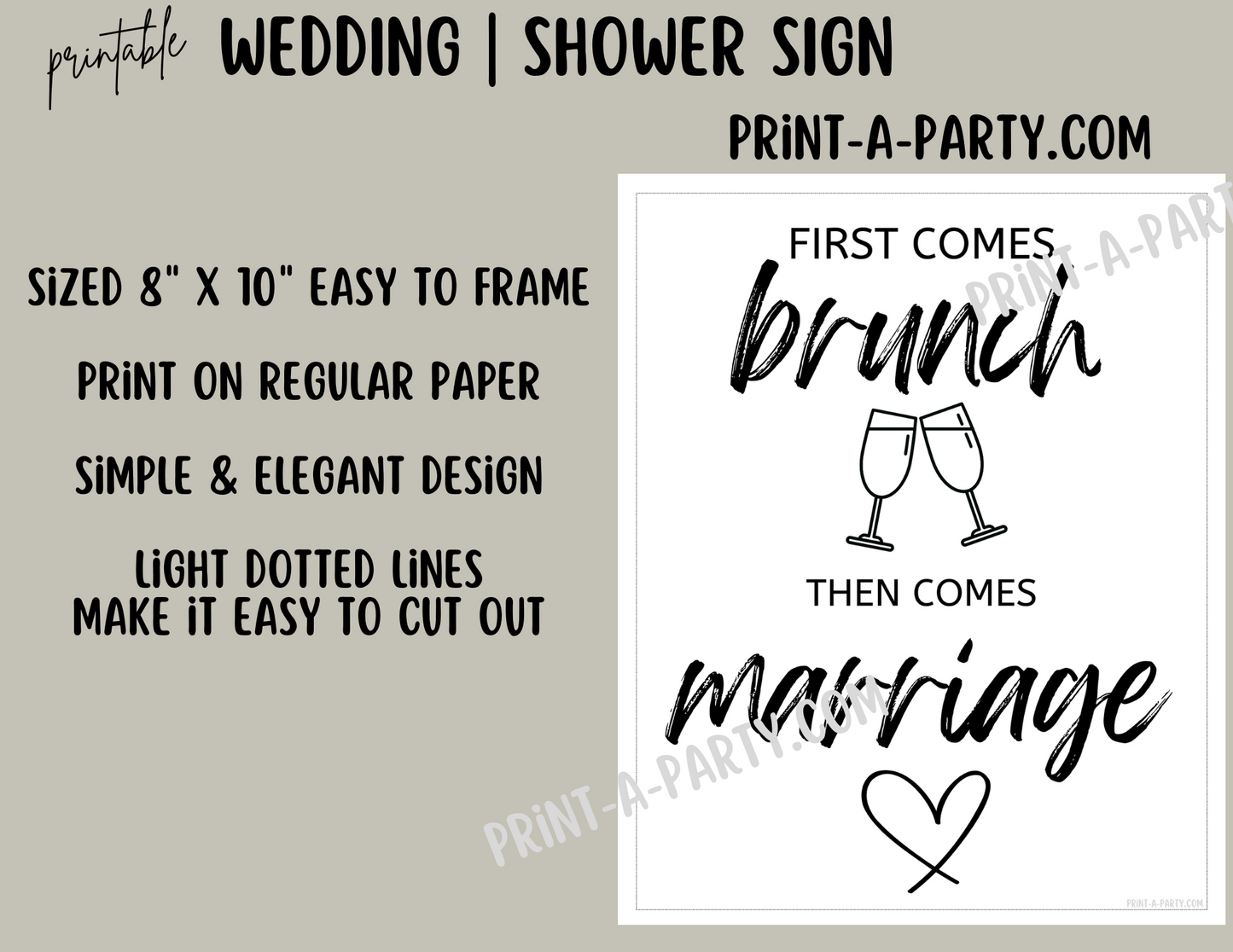 BRUNCH SIGN | FIRST COMES BRUNCH, THEN COMES MARRIAGE | Printable Wedding Brunch Sign | Bridal Shower Brunch Sign