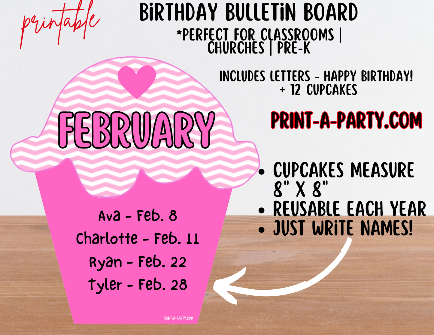 Birthday Bulletin Board Printable Display - Monthly Chevron Cupcake Theme for Classroom Decor