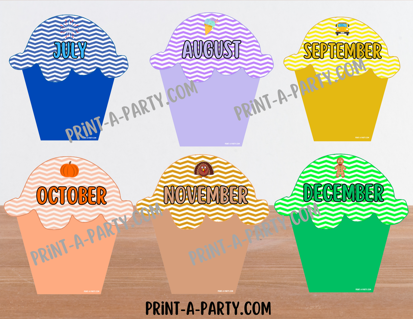 Birthday Bulletin Board Printable Display - Monthly Chevron Cupcake Theme for Classroom Decor