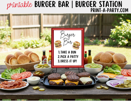 Burger or Slider Bar Printable Sign (8x10) + Topping Tent Cards - For Parties, BBQ, Cookouts, Outdoor Events