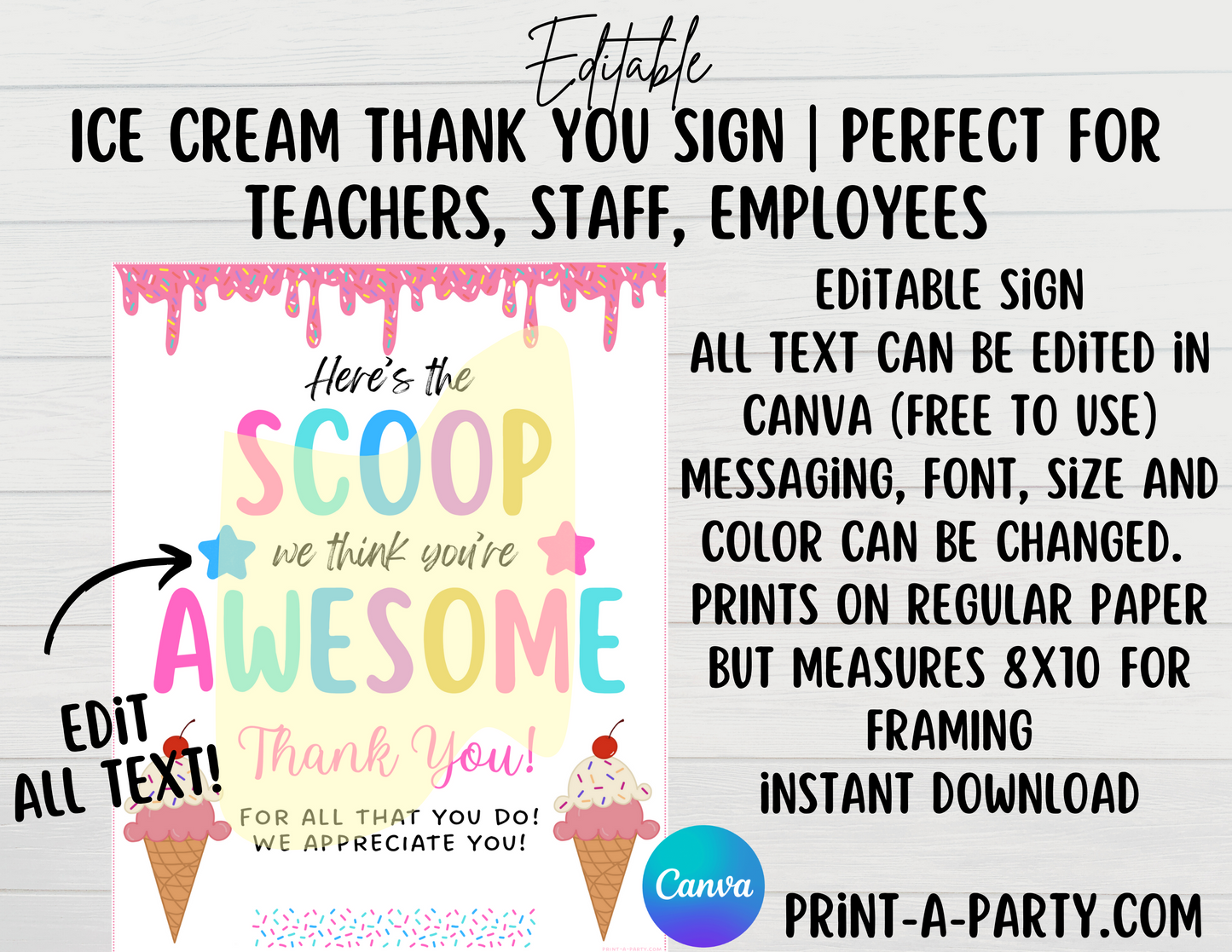 Appreciation Sign: ICE CREAM STATION Sign | EDITABLE or PRINTABLE Ice Cream Thank You Sign | Thank You Sign for Teachers Staff Employee Appreciation | Dessert Table Sign