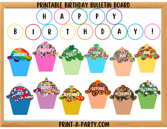 Birthday Bulletin Board Printable Display - Monthly Candy Sprinkles Cupcake Theme for Classroom Decor
