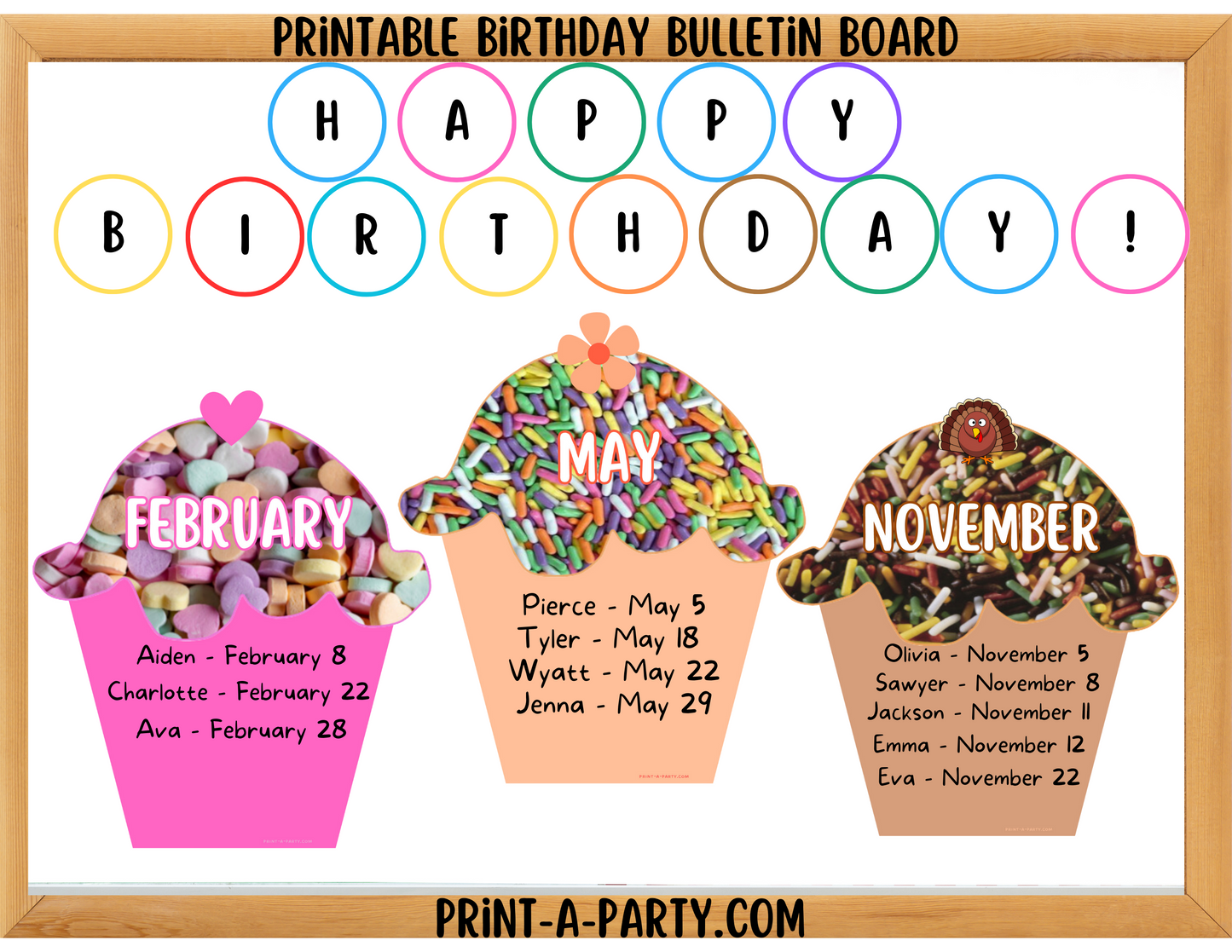 Birthday Bulletin Board Printable Display - Monthly Candy Sprinkles Cupcake Theme for Classroom Decor