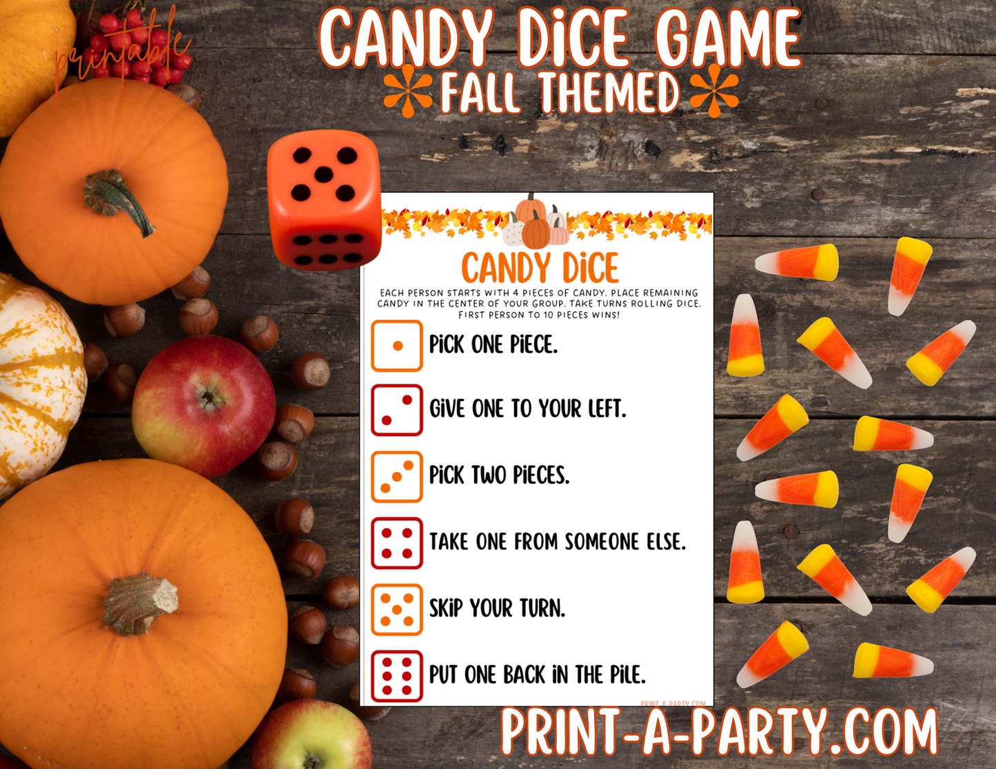 DICE GAME: Fall Candy Dice Game Printable | Autumn Party Game for Kids, Classrooms & Family Fun | Instant Download