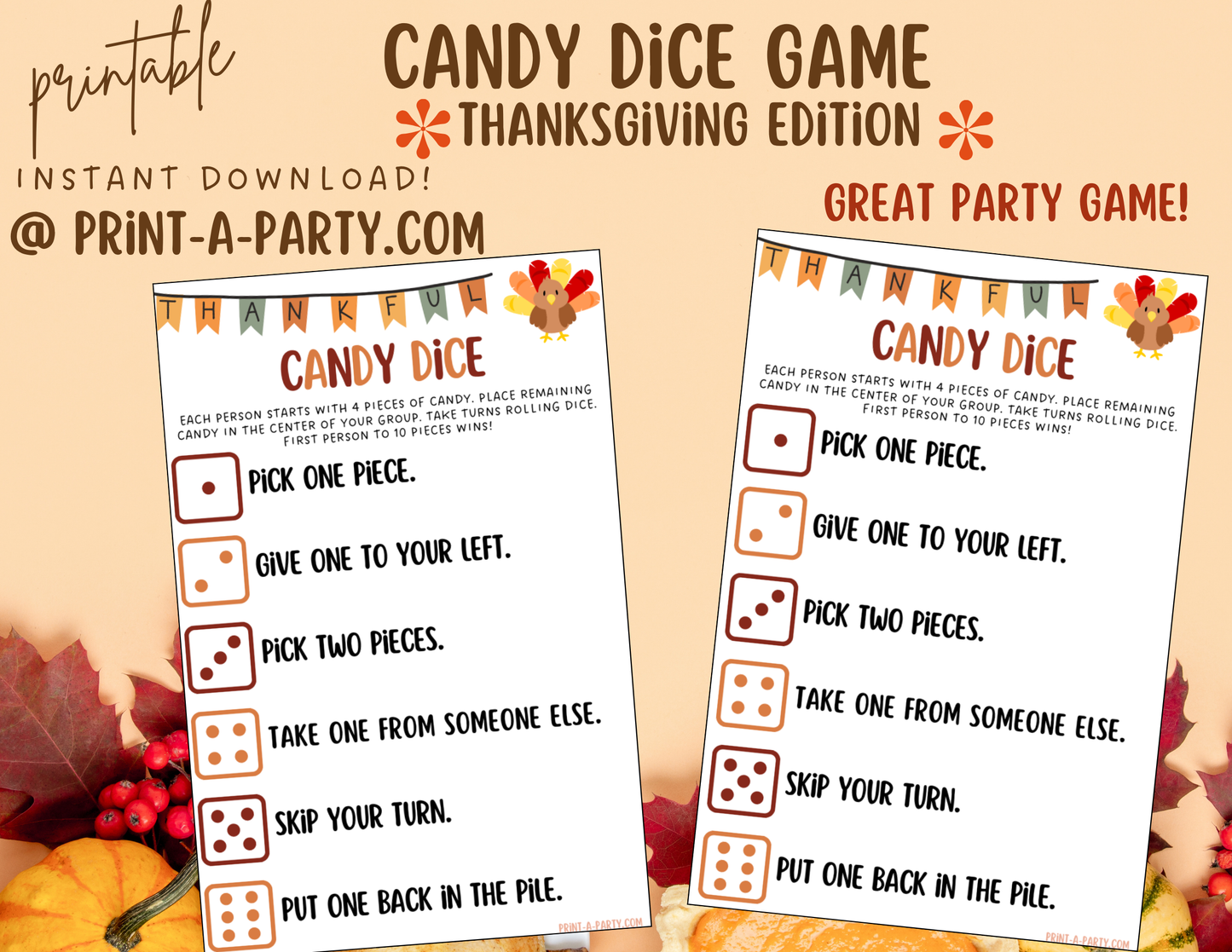 DICE GAME: Thanksgiving Themed Dice Candy Game Printable - Fun Fall Activity for Kids, Classrooms, and Family Gatherings