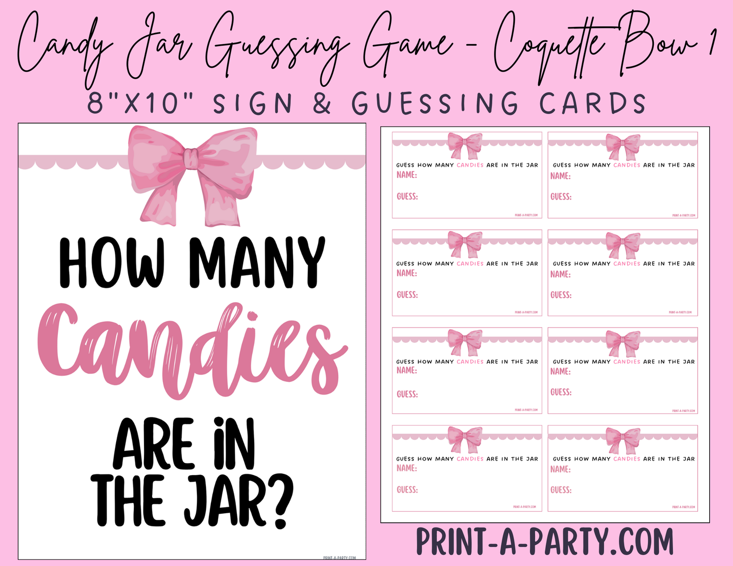 CANDY JAR GUESSING GAME for Baby Bridal Shower or Birthday Party PINK BOW COQUETTE THEME 1 | How many candies in jar | Coquette Bow Aethestic