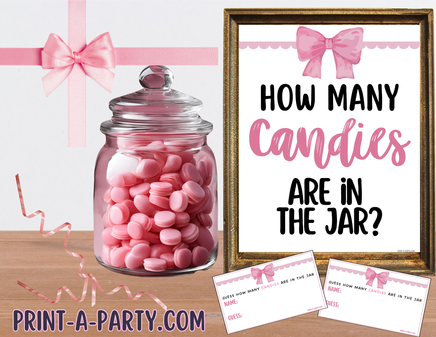 CANDY JAR GUESSING GAME for Baby Bridal Shower or Birthday Party PINK BOW COQUETTE THEME 1 | How many candies in jar | Coquette Bow Aethestic