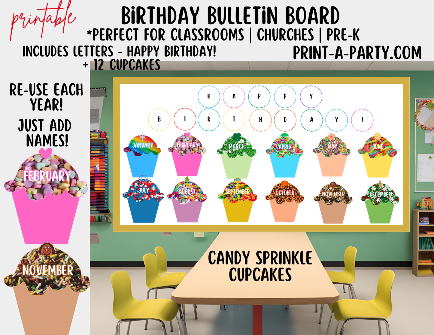 Birthday Bulletin Board Printable Display - Monthly Candy Sprinkles Cupcake Theme for Classroom Decor