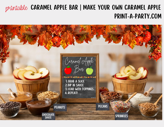 Caramel Apple Bar Printable Sign (8x10) & Topping Tent Cards – Perfect for Fall Parties, Baby Showers, Weddings & More!