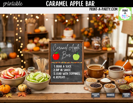 Caramel Apple Bar Printable Sign (8x10) & Topping Tent Cards – Perfect for Fall Parties, Baby Showers, Weddings & More!