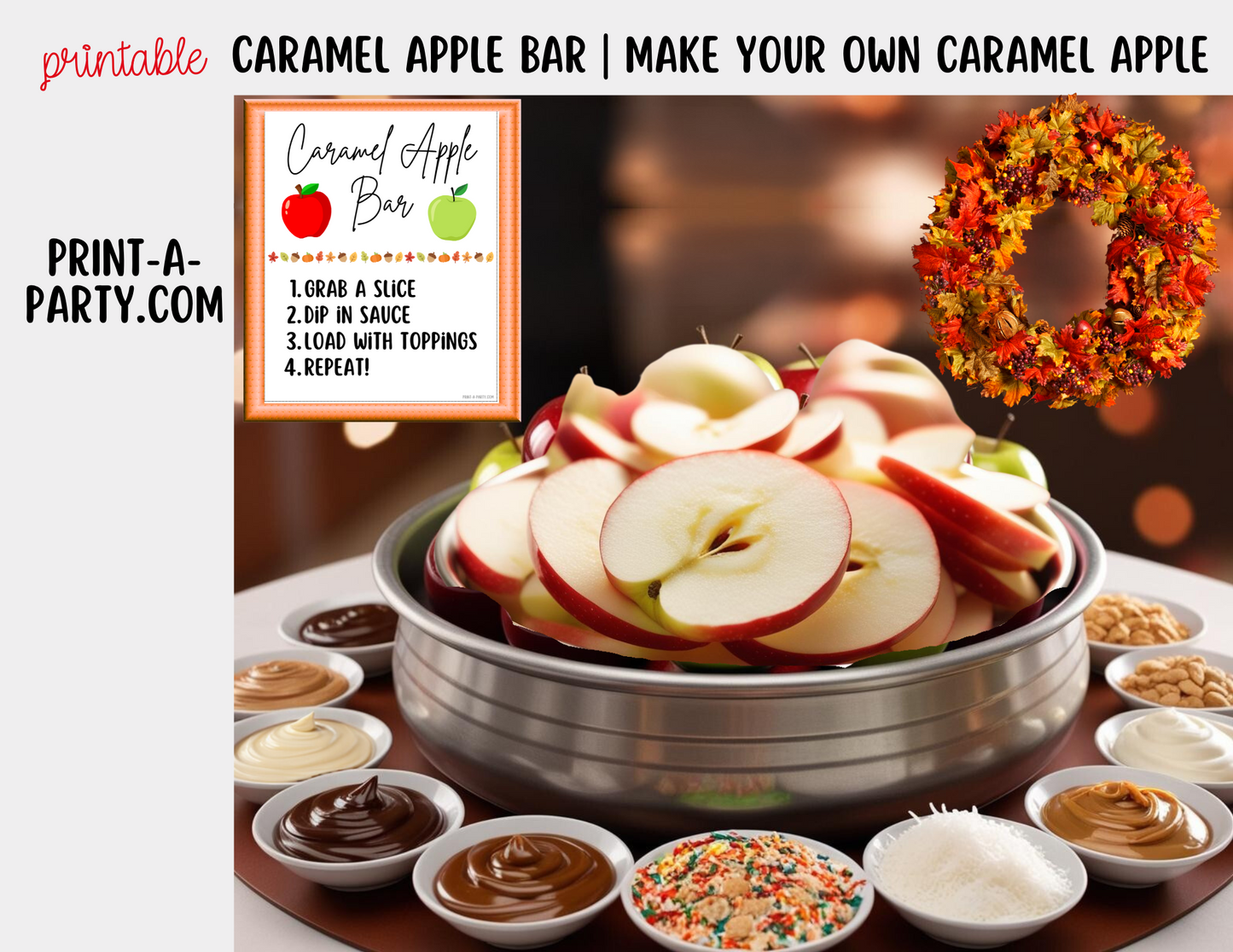 CARAMEL APPLE BAR | CARAMEL APPLE STATION Setup - White | Caramel Apple Bar Sign | Food Station for Party | Food Bar for Party | Fall Party Idea | Fall Shower | DIY Make Your Own Caramel Apples