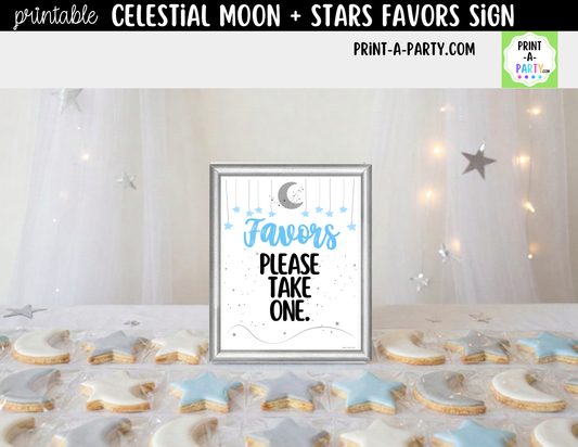 Celestial Moon + Stars Printable Blue Favors Sign (8x10) – For Parties, Showers and Events