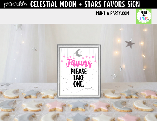 Celestial Moon + Stars Printable Pink Favors Sign (8x10) – For Parties, Showers and Events