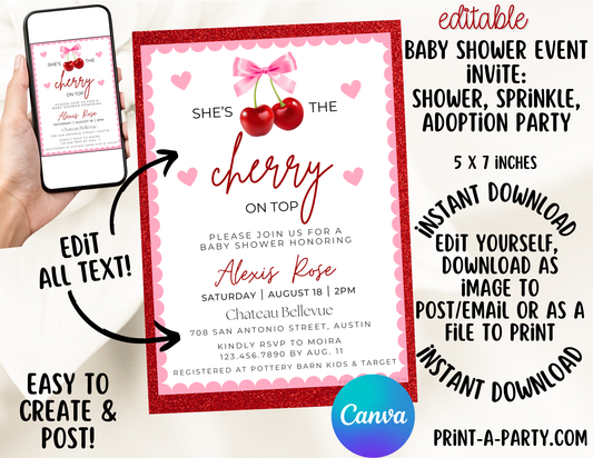 EDITABLE Baby Shower INVITATION Template - CHERRY Theme for Baby Shower, Sprinkes, Sip and See or Adoption Parties