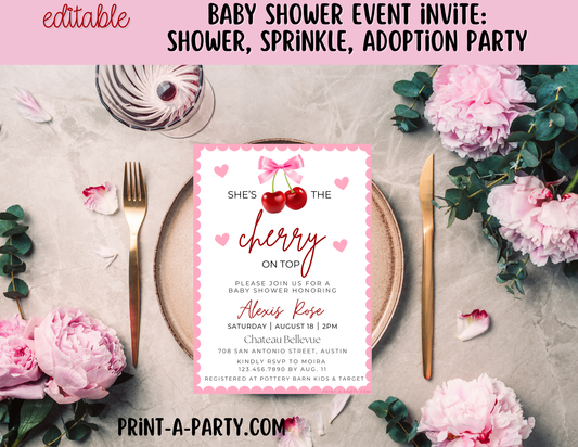 EDITABLE Baby Shower INVITATION Template - CHERRY Theme for Baby Shower, Sprinkes, Sip and See or Adoption Parties