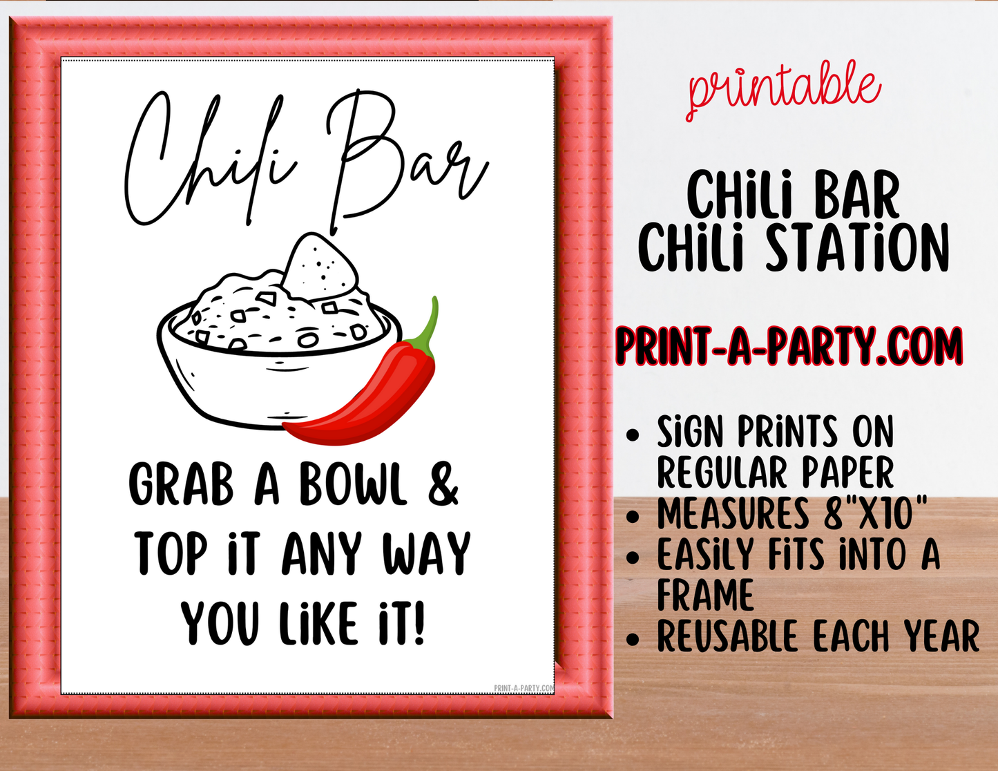 CHILI BAR | CHILI STATION Setup - White | Printable Chili Bar Food Station – Perfect for Fall, Parties, Showers, Holidays and Game Day!