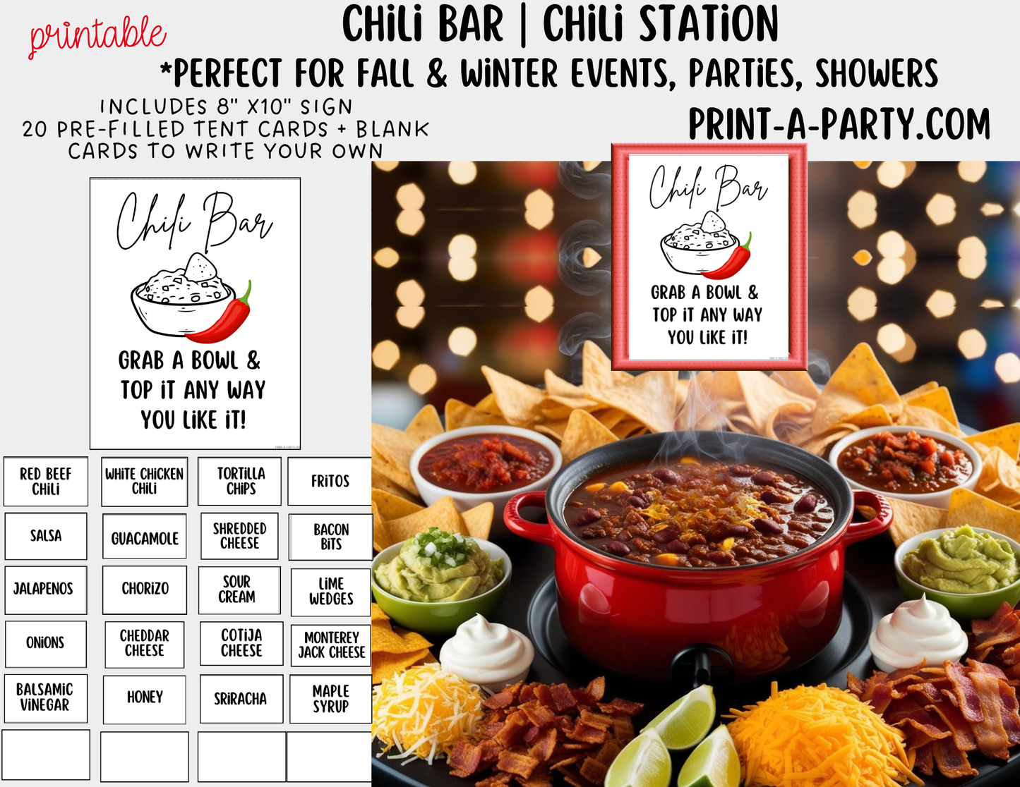 CHILI BAR | CHILI STATION Setup - White | Printable Chili Bar Food Station – Perfect for Fall, Parties, Showers, Holidays and Game Day!
