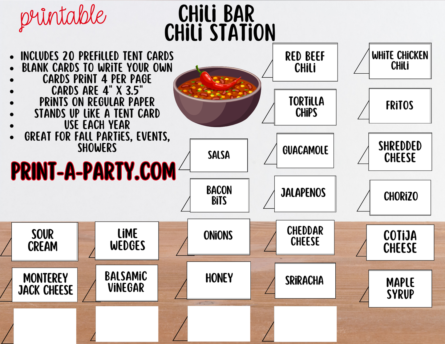 CHILI BAR | CHILI STATION Setup - White | Printable Chili Bar Food Station – Perfect for Fall, Parties, Showers, Holidays and Game Day!