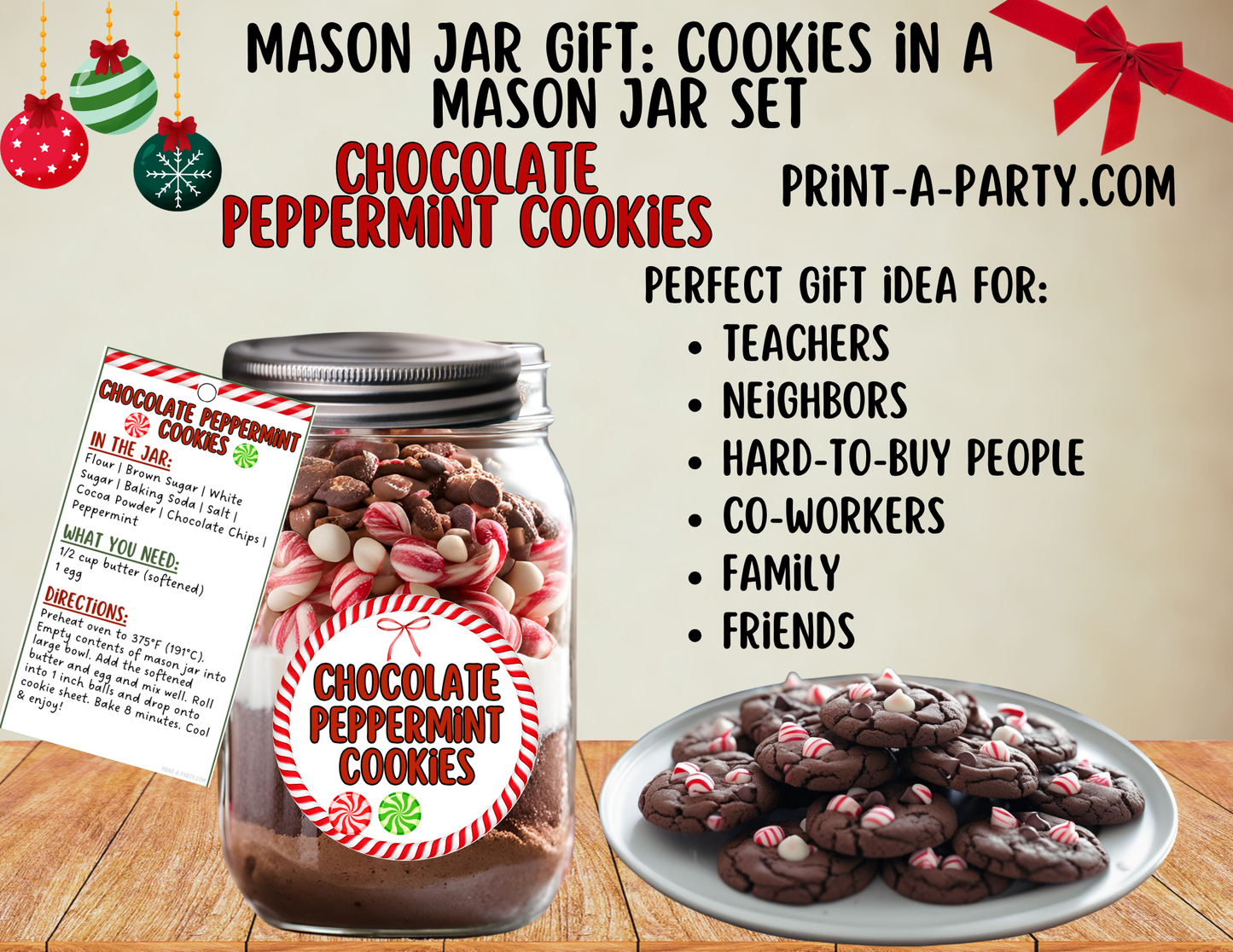 MASON JAR COOKIE GIFT: Chocolate Peppermint Cookies in a Mason Jar - Printable Kit – DIY Holiday Gift for Teachers, Friends, Neighbors & More