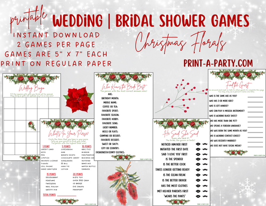 Bridal Shower: Printable CHRISTMAS themed Bridal Shower Game Bundle Holiday Wedding Florals – Instant PDF Download