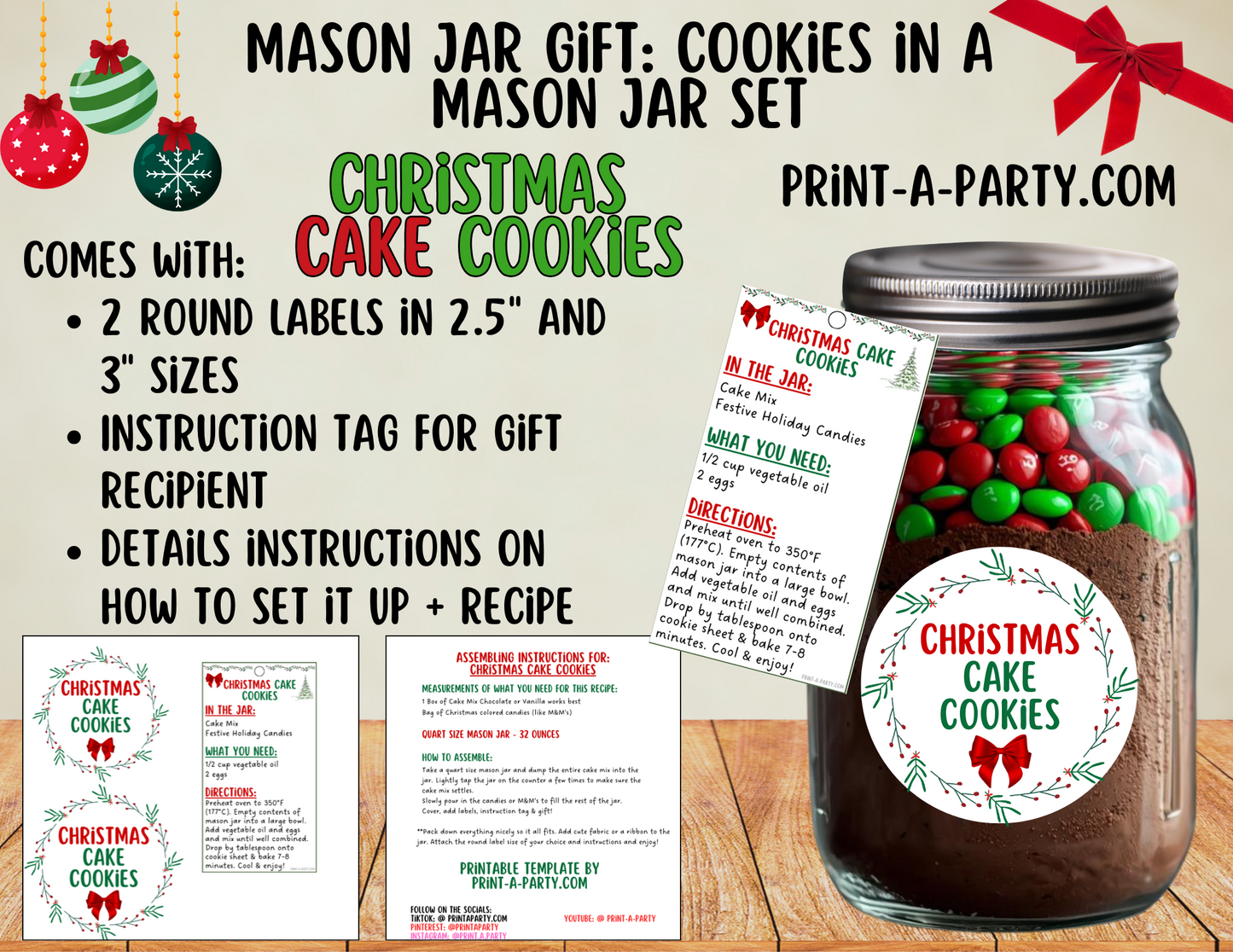 MASON JAR GIFT: Christmas Cake Cookies Mason Jar Printable Kit - Recipe Card, Tags & Labels