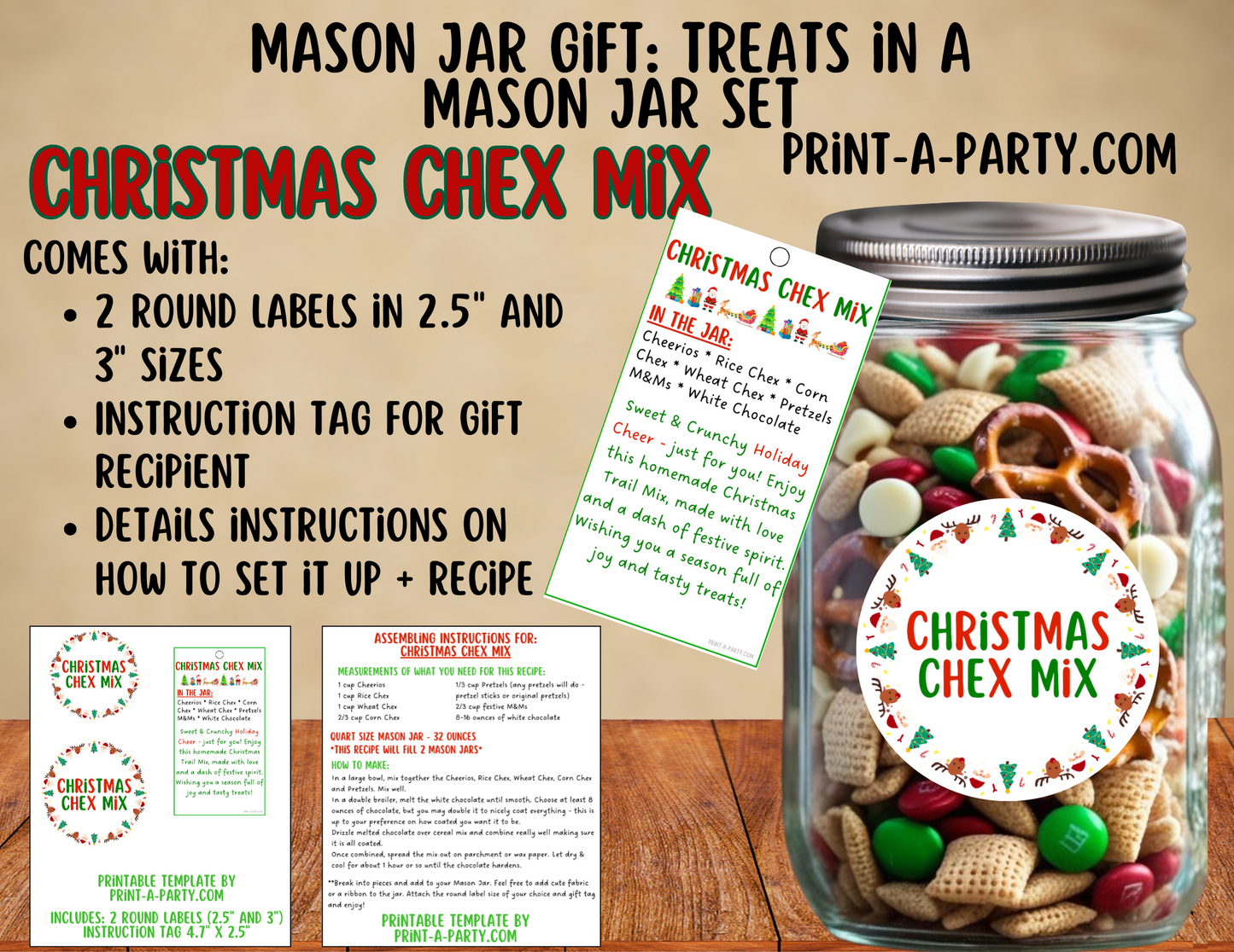MASON JAR GIFT: Christmas Chex Mix in a Mason Jar Printable Kit - DIY Holiday Gift for Teachers, Neighbors, Coworkers and more!