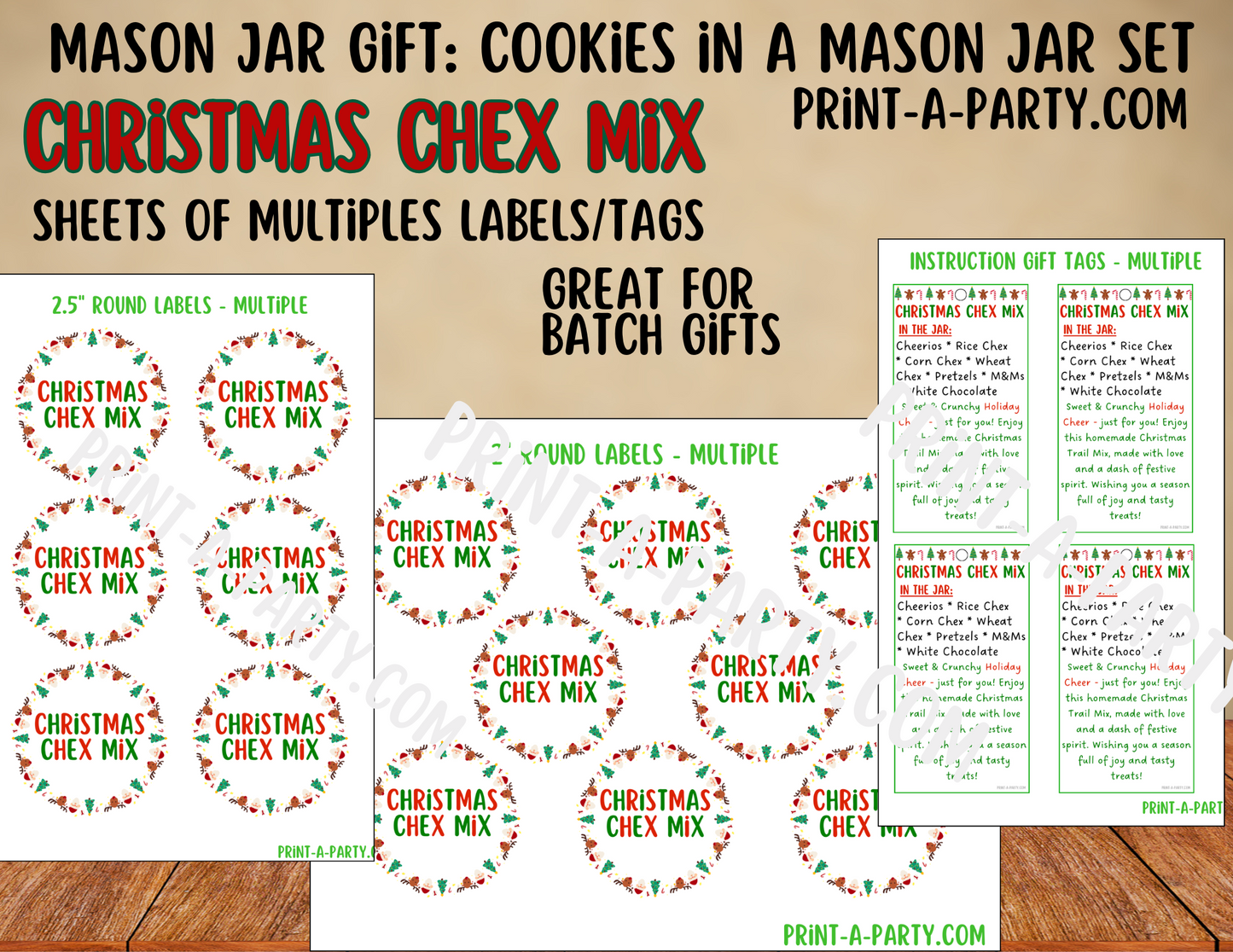 MASON JAR GIFT: Christmas Chex Mix in a Mason Jar Printable Kit - DIY Holiday Gift for Teachers, Neighbors, Coworkers and more!