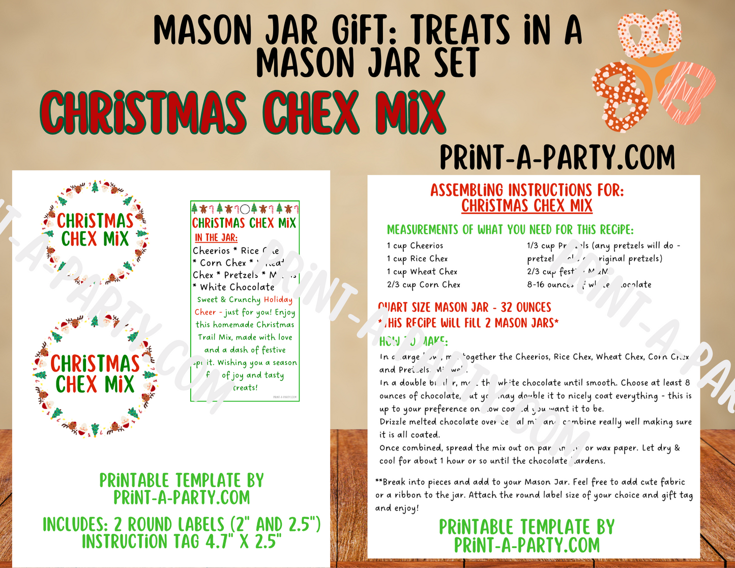 MASON JAR GIFT: Christmas Chex Mix in a Mason Jar Printable Kit - DIY Holiday Gift for Teachers, Neighbors, Coworkers and more!
