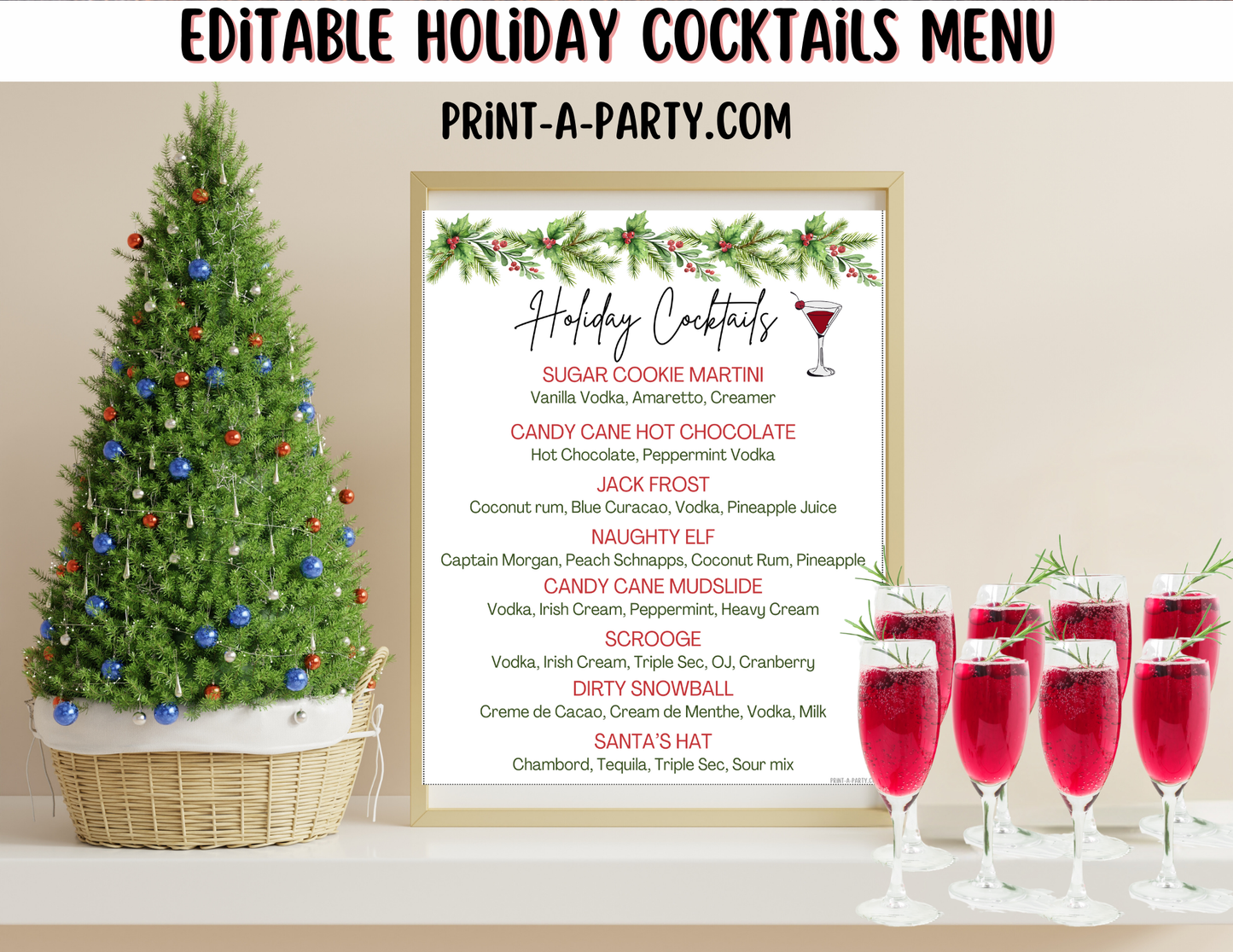 CHRISTMAS Editable Holiday Cocktail Menu Template – Custom Festive Bar Sign for Holiday Parties & Events
